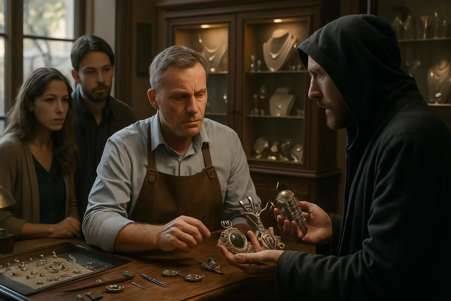 découvrez l'histoire intrigante d'un homme qui, fréquentant souvent le bijoutier avec un compagnon, se retrouve confronté à un vendeur d'objets mystérieux. un récit captivant entre curiosité et suspense.