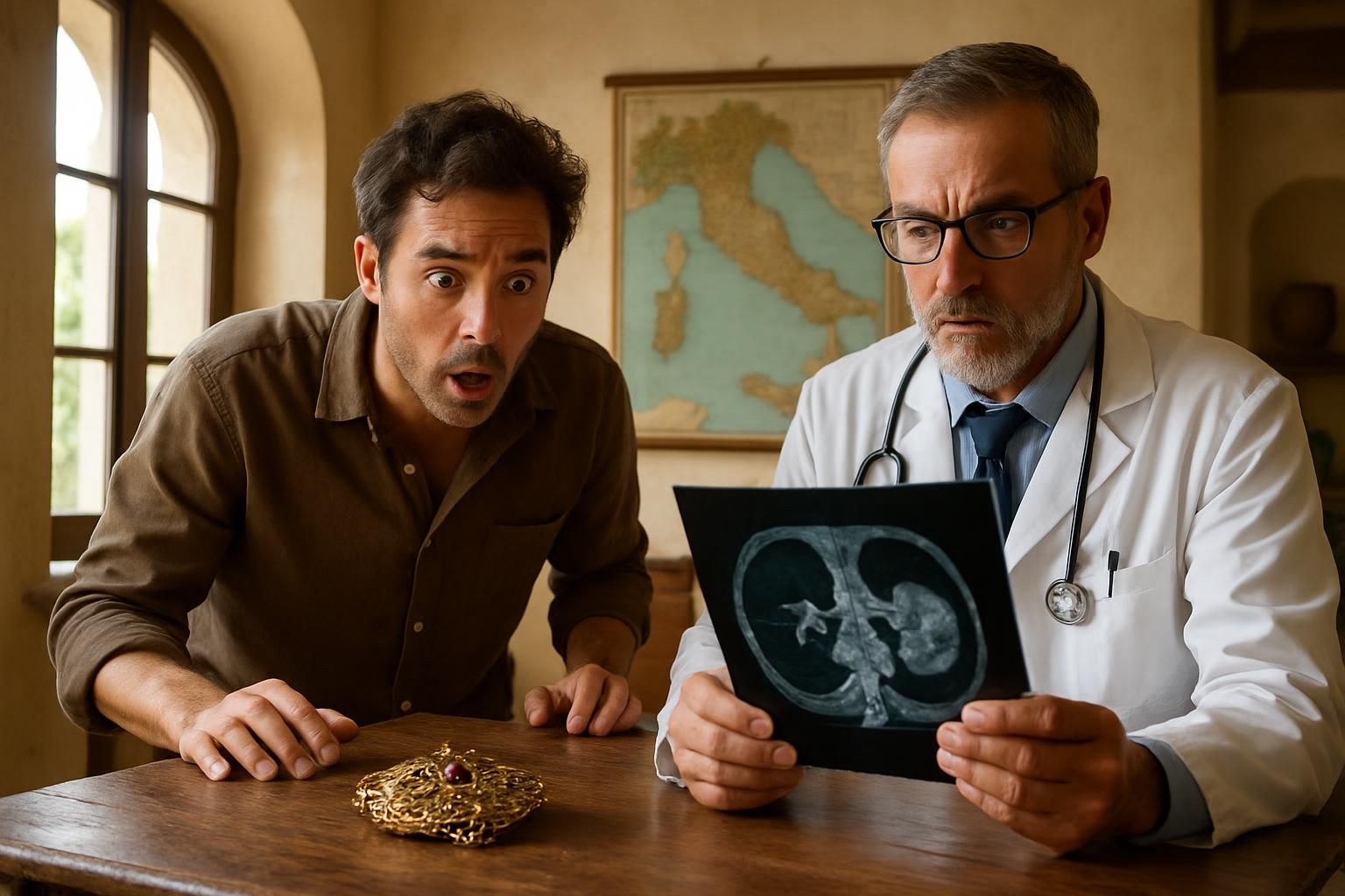 une chasse aux bijoux en italie vire à la surprise médicale avec la découverte inattendue de calculs rénaux.