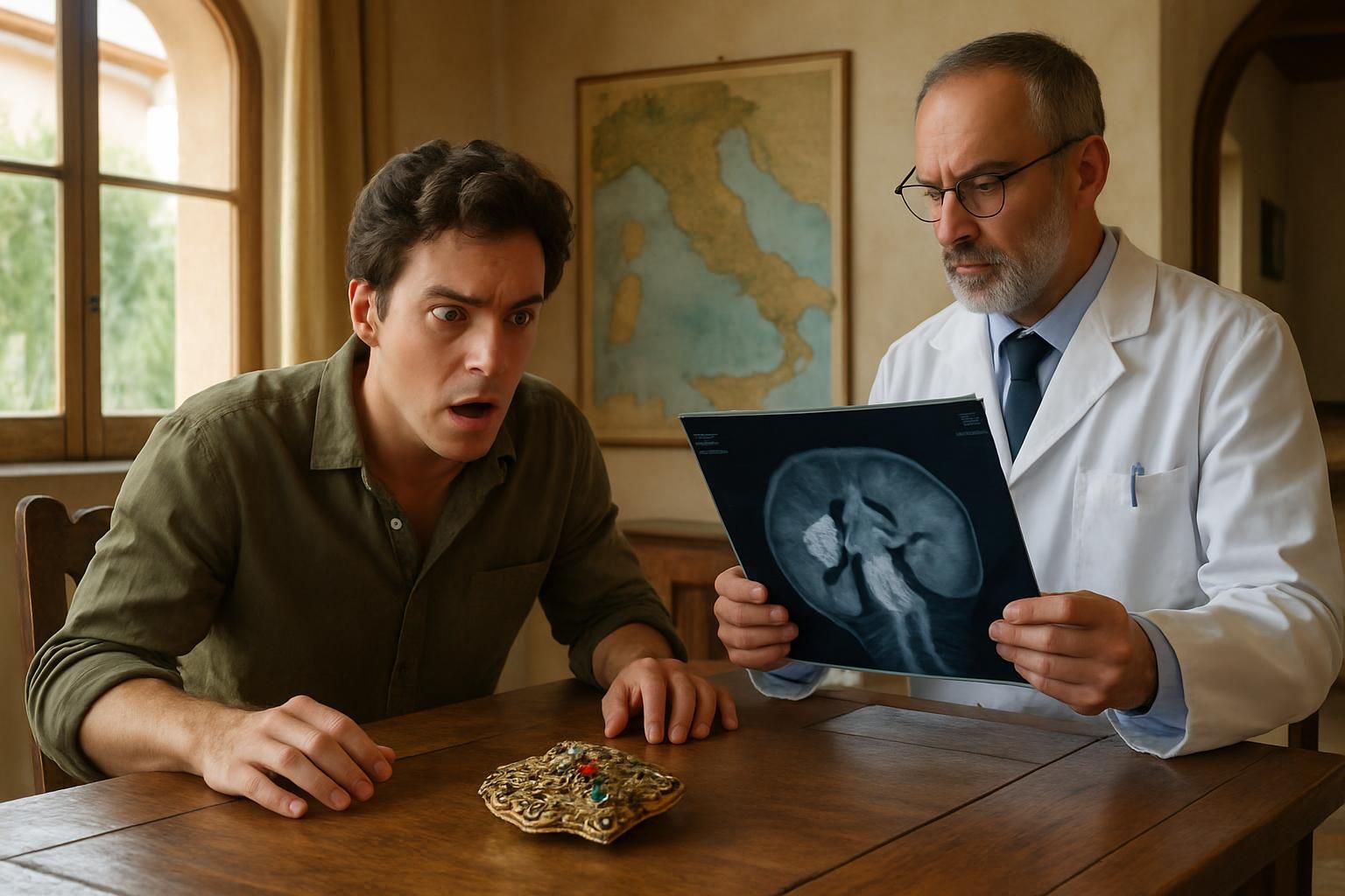 en italie, une chasse aux bijoux inattendue mène à la découverte surprenante de calculs rénaux, un récit mêlant aventure et santé.