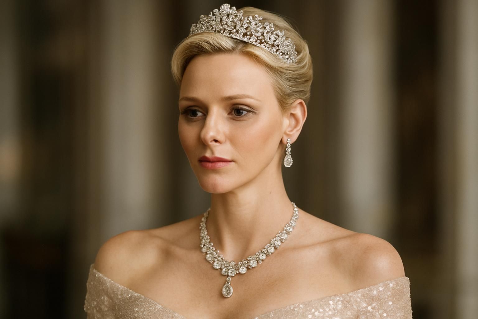 découvrez l'élégance raffinée de charlène de monaco sublimée par ses tiares, colliers étincelants et boucles d’oreilles majestueuses. plongez dans un univers de bijoux royalement inspirés.